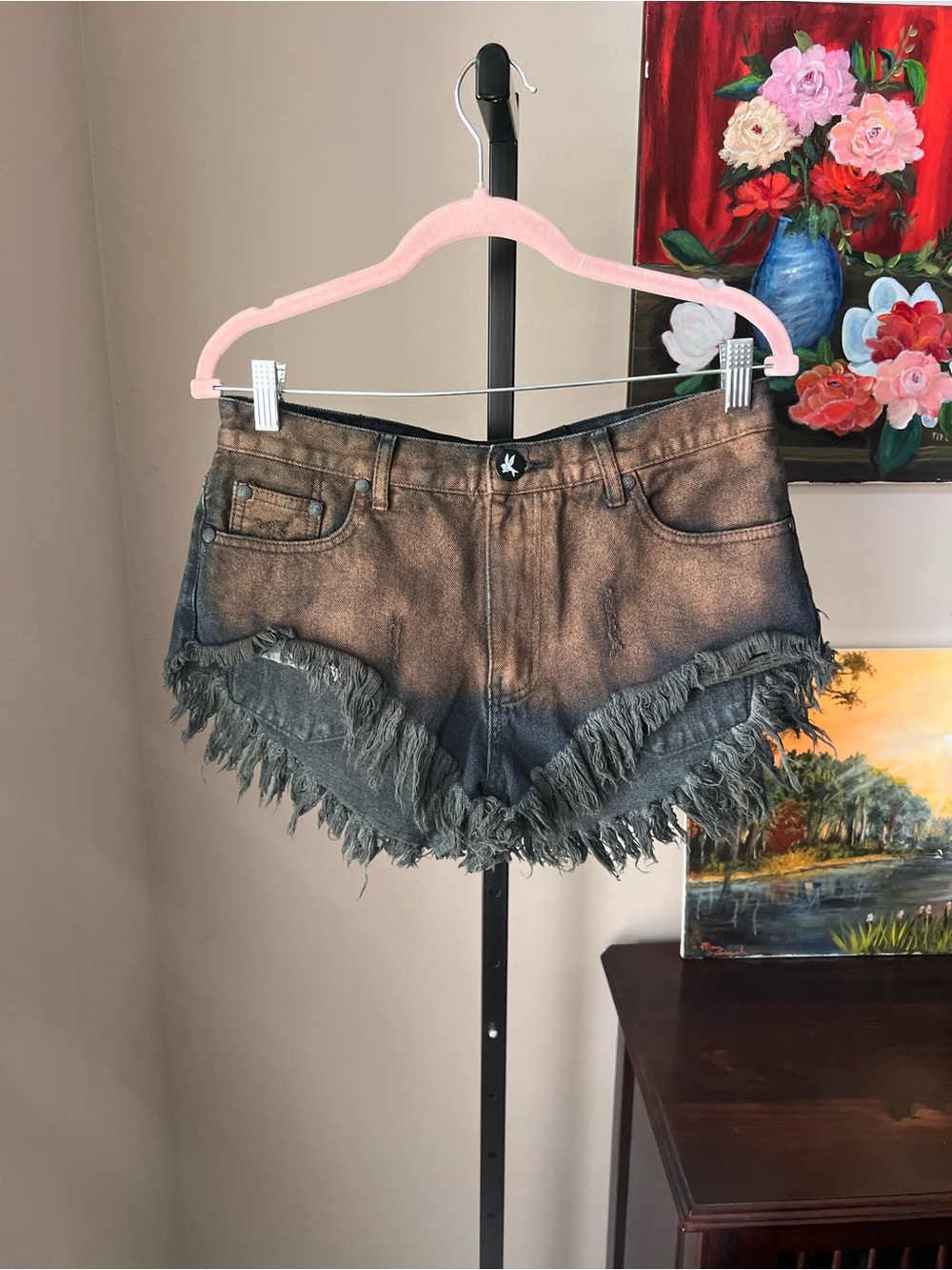 One Teaspoon Ombre Frayed Denim Shorts - black & Bronze